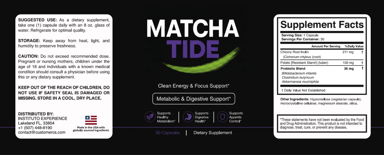 MatchaTide Supplement Facts label showing chicory inulin, resistant starch and the probiotic blend
