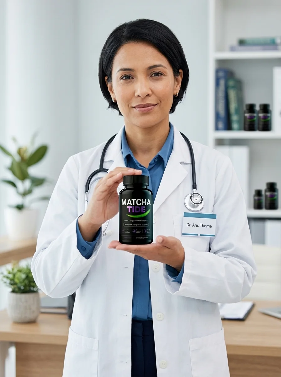 Health professional in a white coat holding a bottle of MatchaTide capsules