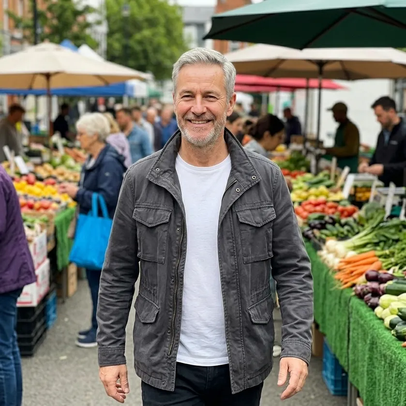 Smiling man shopping for fresh produce at an outdoor farmers market