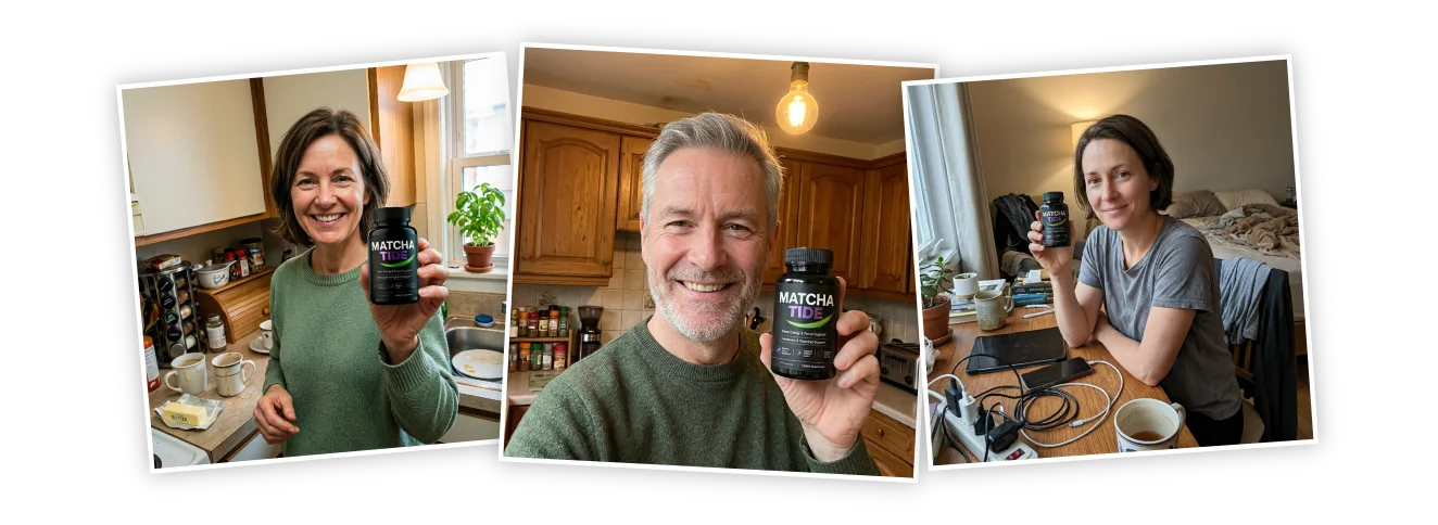 MatchaTide customers holding their capsule bottles at home