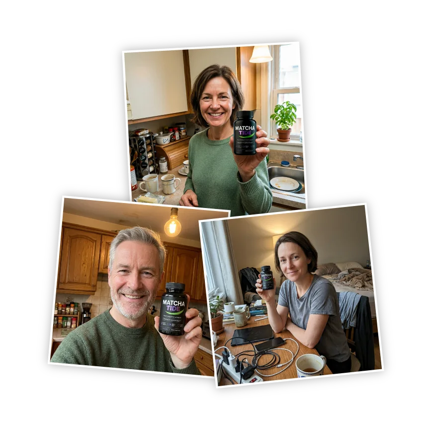 MatchaTide customers holding their capsule bottles at home
