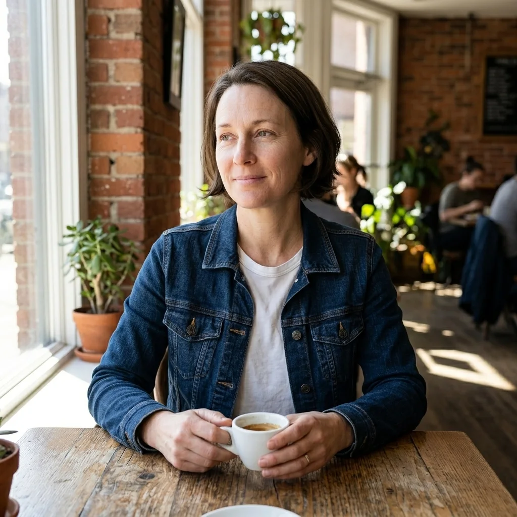 Smiling woman enjoying a coffee at an outdoor cafe