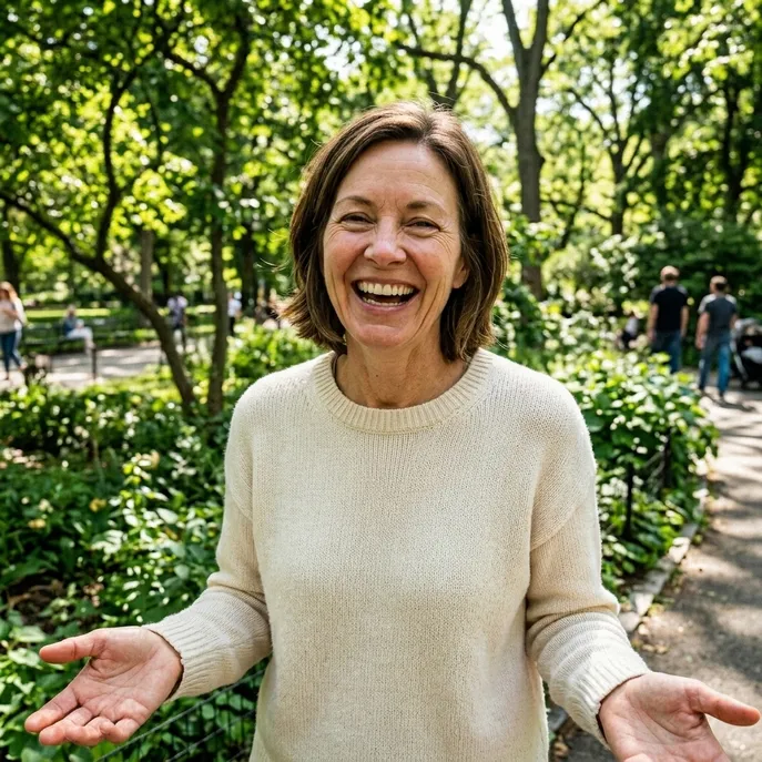Woman laughing on a walk through a green park